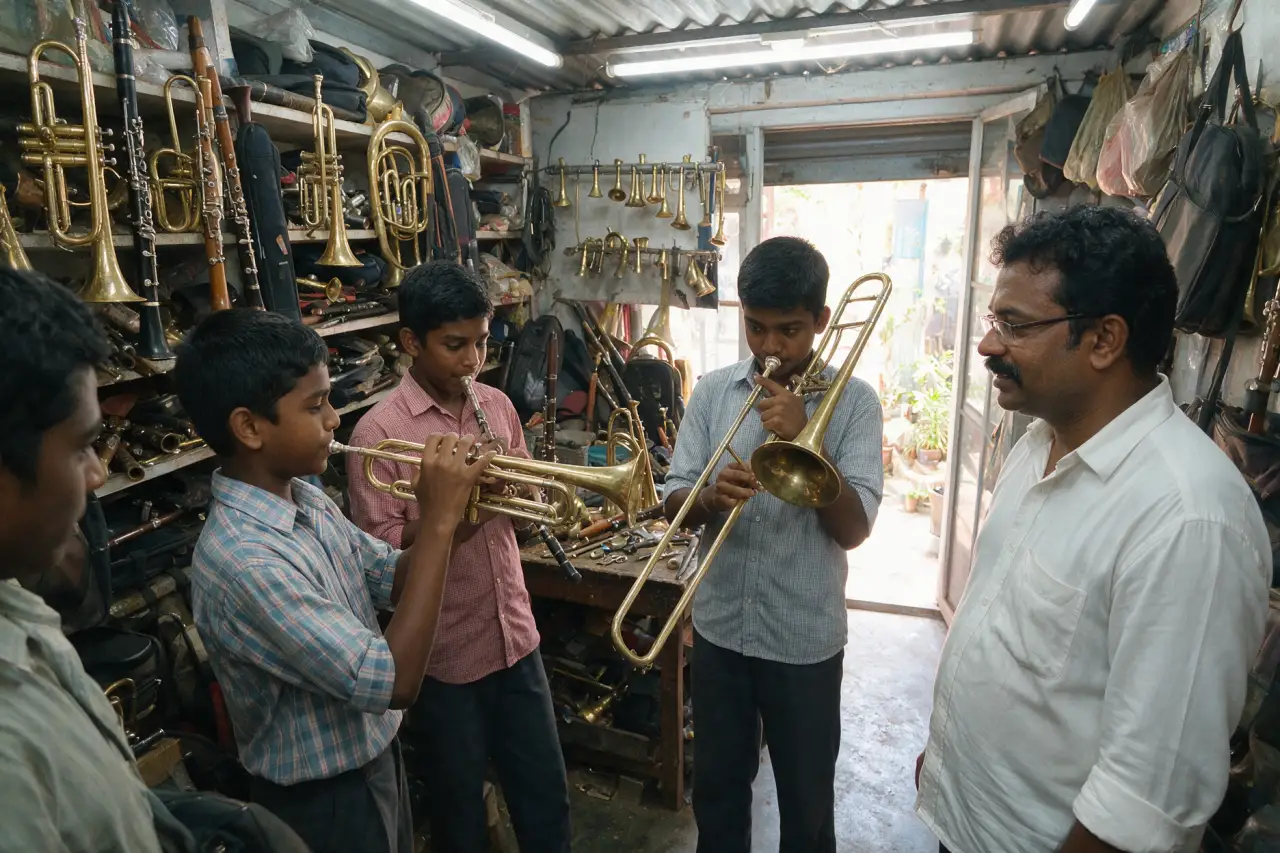 Students practising trumpet and trombone together with a teacher at Presto Forte