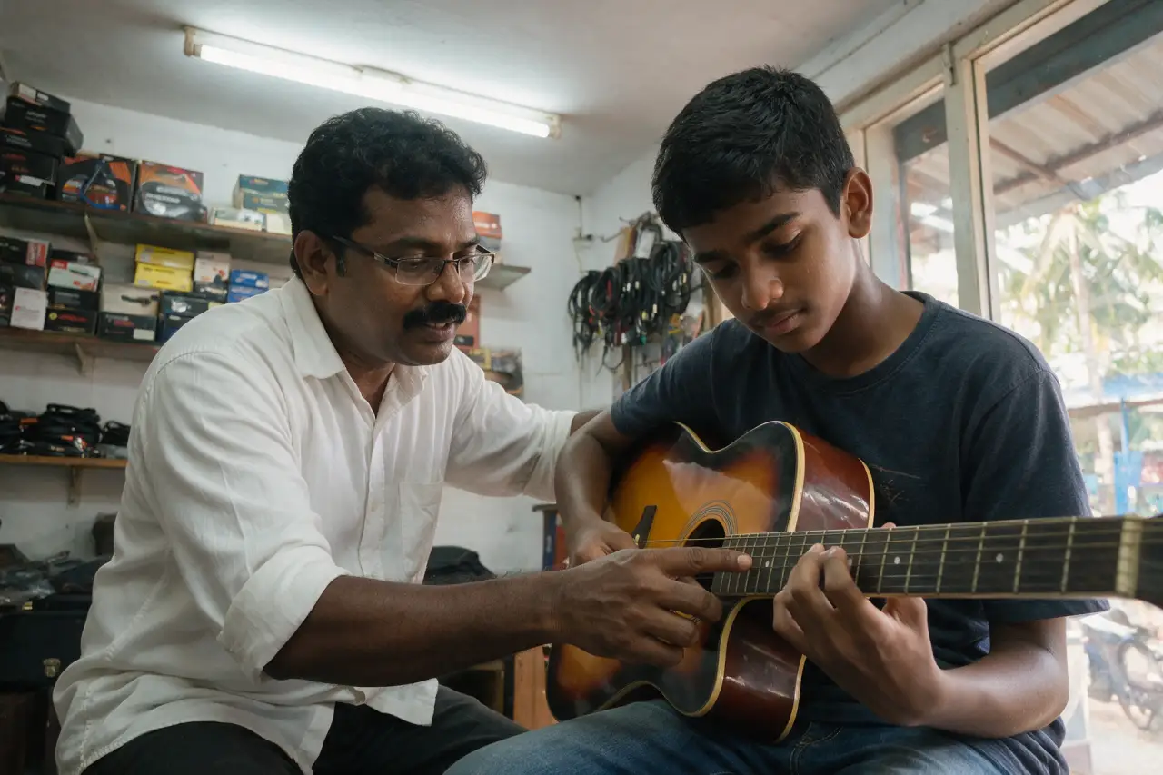 A teacher correcting a student's fretting hand during a guitar lesson at Presto Forte