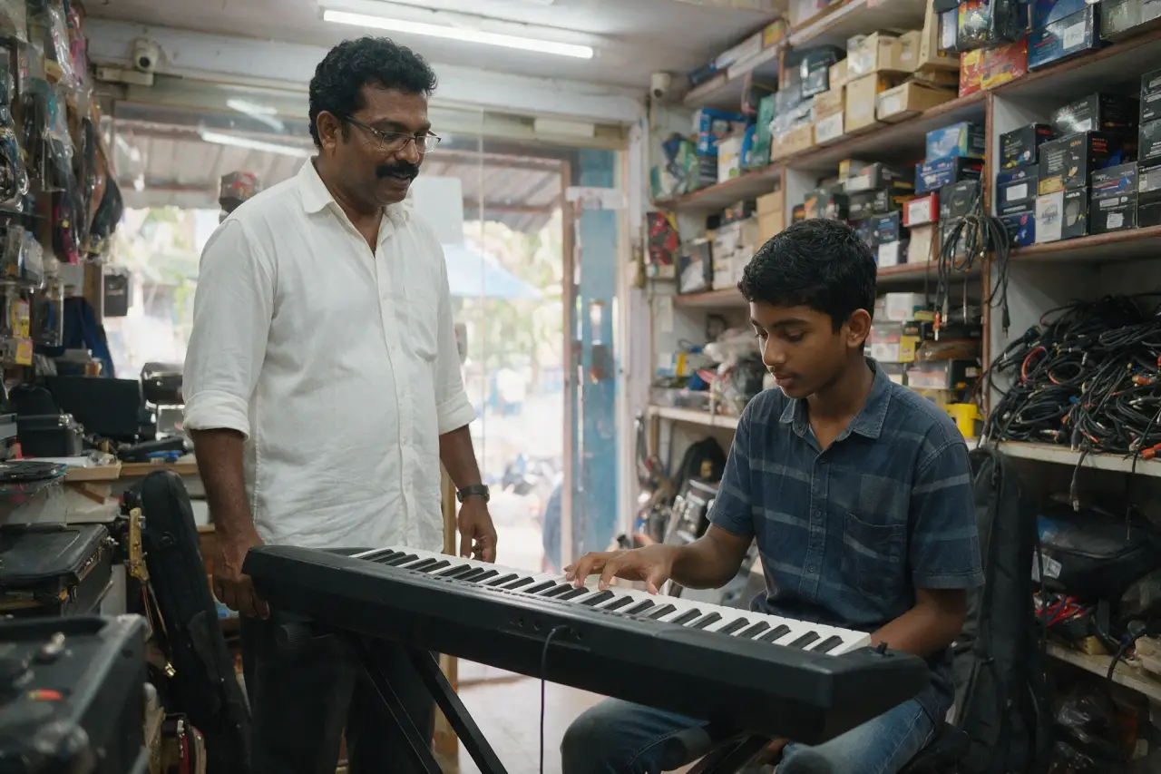 A teacher beside a student playing a portable keyboard in the Thumpoly showroom