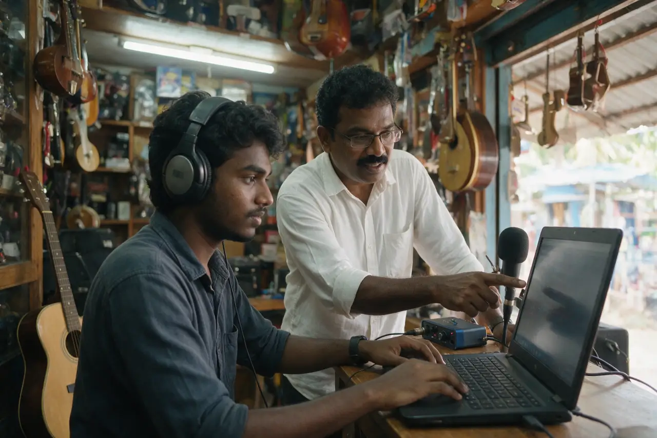 A teacher and student working on a laptop mix at the Presto Forte recording desk in Thumpoly