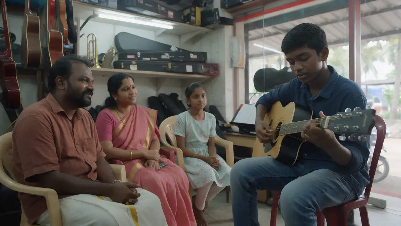 A student playing guitar for family during a small recital at Presto Forte in Thumpoly