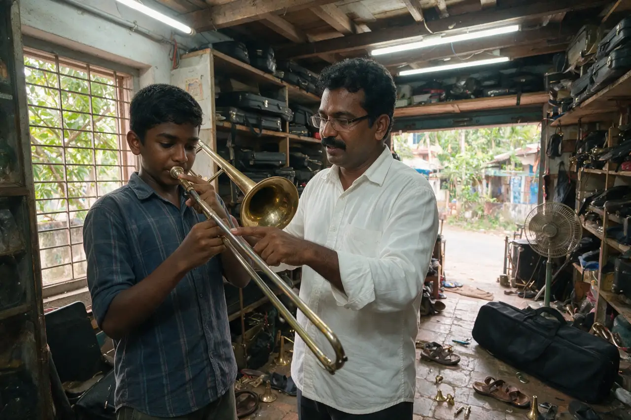 A teacher showing a trombone slide position to a student at Presto Forte