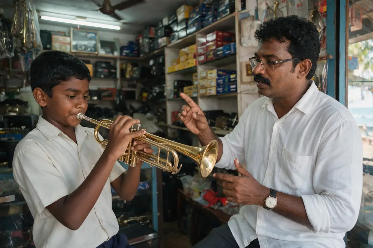 A student playing trumpet while a teacher listens during a Presto Forte brass lesson