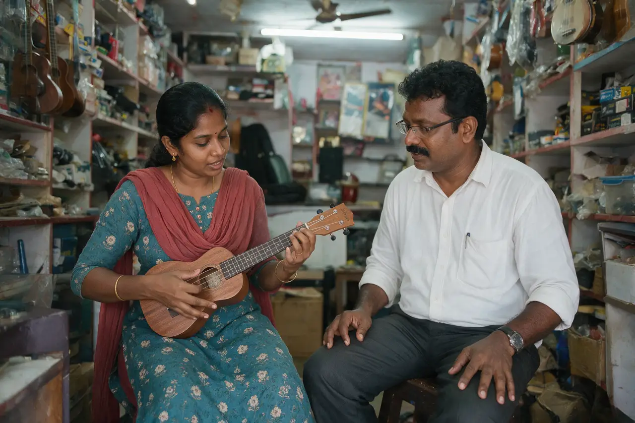 An adult student playing a concert ukulele with a teacher at Presto Forte