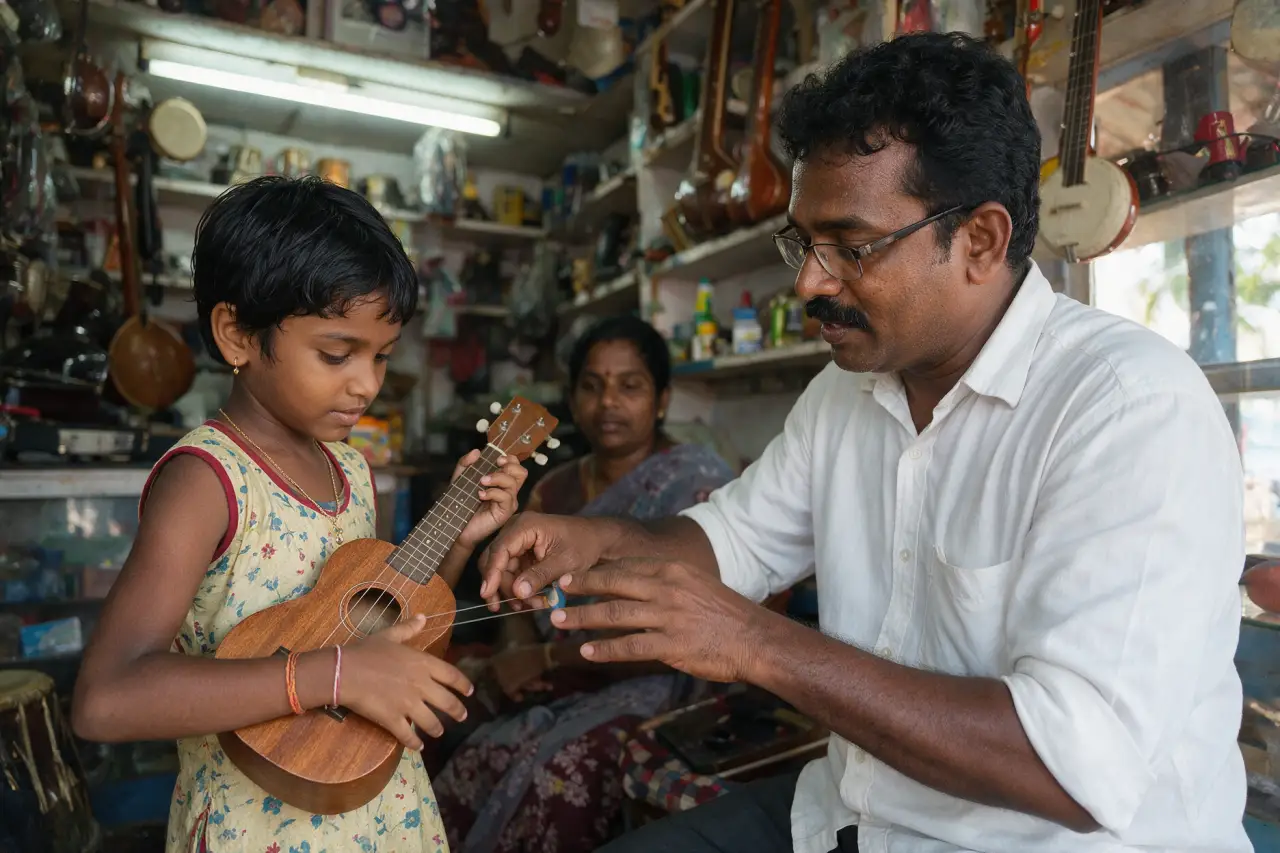 A teacher guiding a child on a soprano ukulele during a class at Presto Forte in Thumpoly