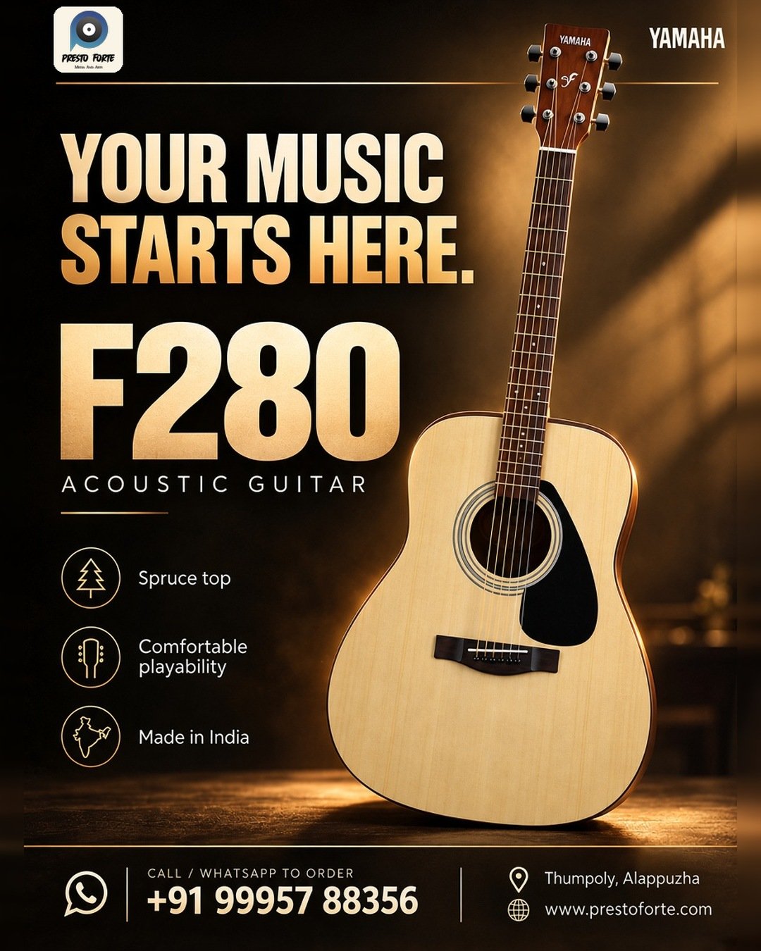 Yamaha F280 Acoustic Guitar: Made in India Beginner Guitar in Alappuzha, Kerala