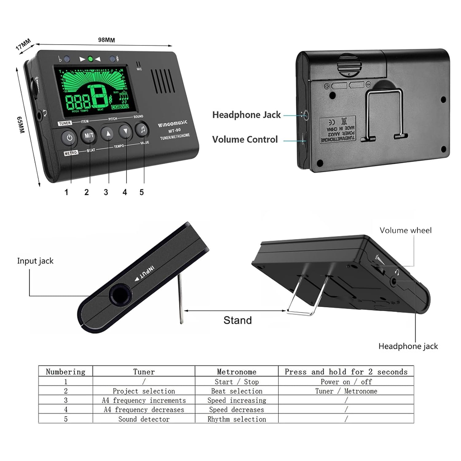 WINGO Digital Metronome Tuner 3in1 for Chromatic/Guitar/Bass/Ukulele/Violin | Pickup & Battery Included, Easy to Use for Practice